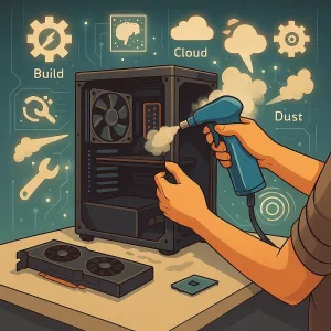 PC som blir blåst ren for støv ved hjelp av trykkluft